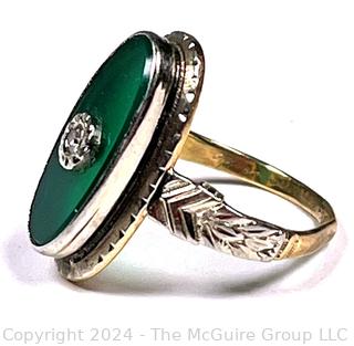 Art Deco Chrysoprase and Diamond 14KT White Gold Ring. Unmarked, but tested. 2.6 Grams (Was 60KK)