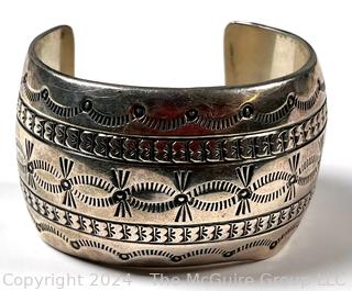 Marcella James Sterling Silver Navajo Stamped Wide Cuff Bracelet.  Small indentation, see photos. (Was 168KK)