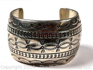 Marcella James Sterling Silver Navajo Stamped Wide Cuff Bracelet.  Small indentation, see photos. (Was 168KK)