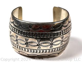 Marcella James Sterling Silver Navajo Stamped Wide Cuff Bracelet.  Small indentation, see photos. (Was 168KK)