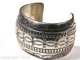 Marcella James Sterling Silver Navajo Stamped Wide Cuff Bracelet.  Small indentation, see photos. (Was 168KK)