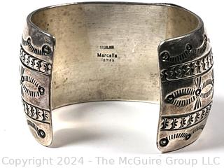 Marcella James Sterling Silver Navajo Stamped Wide Cuff Bracelet.  Small indentation, see photos. (Was 168KK)