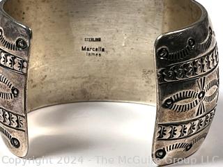 Marcella James Sterling Silver Navajo Stamped Wide Cuff Bracelet.  Small indentation, see photos. (Was 168KK)