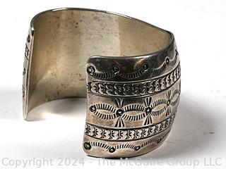 Marcella James Sterling Silver Navajo Stamped Wide Cuff Bracelet.  Small indentation, see photos. (Was 168KK)