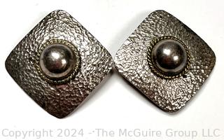 Hammered Sterling Silver and Brass Modernist Clip On Earrings by Artist Sheila Laton Taxco Mexico 