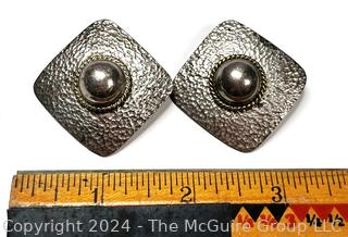 Hammered Sterling Silver and Brass Modernist Clip On Earrings by Artist Sheila Laton Taxco Mexico 