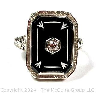 Art Deco 10KT White Gold Filigree Onyx with Bezel Set Diamond Center Ring 2.3 Grams (Was 103KK)