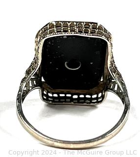 Art Deco 10KT White Gold Filigree Onyx with Bezel Set Diamond Center Ring 2.3 Grams (Was 103KK)