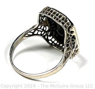 Art Deco 10KT White Gold Filigree Onyx with Bezel Set Diamond Center Ring 2.3 Grams (Was 103KK)