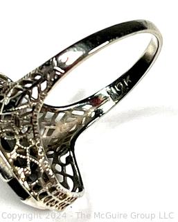 Art Deco 10KT White Gold Filigree Onyx with Bezel Set Diamond Center Ring 2.3 Grams (Was 103KK)