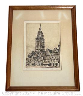 Framed Under Glass Lithograph of  Munich Clock Tower Plaza by Willy Scholz (1899 - 1965) 