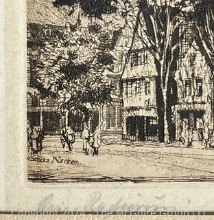 Framed Under Glass Lithograph of  Munich Clock Tower Plaza by Willy Scholz (1899 - 1965) 