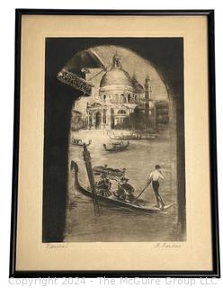 Framed Under Glass Etching of Venice Canal Scene Signed by Artist F Farkas.  9.5" x 12.5" 