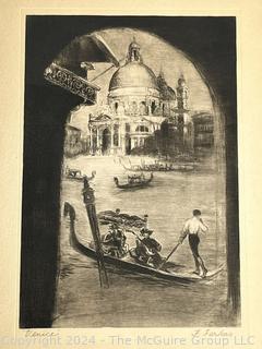 Framed Under Glass Etching of Venice Canal Scene Signed by Artist F Farkas.  9.5" x 12.5" 