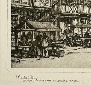 Framed Under Glass Lithograph Titled "Market Day" by Samuel Chamberlain. 12" x 15.5" 