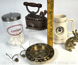 US Navy items, Brass Bunny, Steam Iron and Medical Cotton Ball Container. 