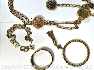 Group of Gold Tone Costume Jewelry and Key Fobs