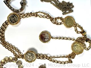 Group of Gold Tone Costume Jewelry and Key Fobs