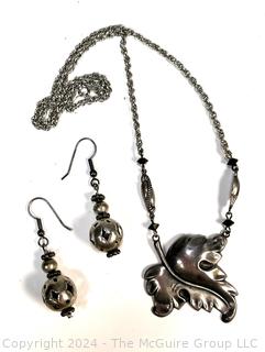 Sterling Silver Leaf Necklace with Pierced Bead Earrings