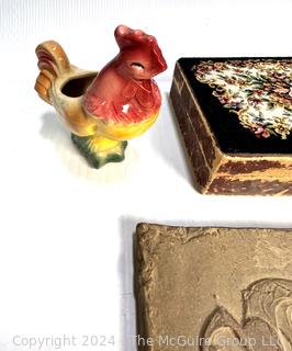 Reproduction Tiles, Jewelry Box, Rooster Planter and Souvenir