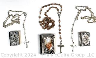 Three (3) Catholic Pilgrim Souvenir Silver Plated Rosaries and Boxes in Bible Form  Catholic Pilgrim Souvenir