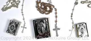 Three (3) Catholic Pilgrim Souvenir Silver Plated Rosaries and Boxes in Bible Form  Catholic Pilgrim Souvenir