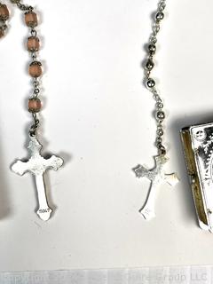 Three (3) Catholic Pilgrim Souvenir Silver Plated Rosaries and Boxes in Bible Form  Catholic Pilgrim Souvenir