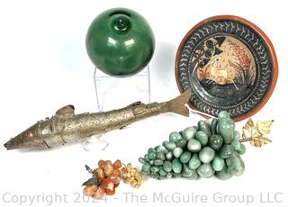 Stone Grapes, Articulated Fish, Japanese Net Float and Pottery Plate.