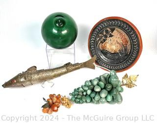 Stone Grapes, Articulated Fish, Japanese Net Float and Pottery Plate.