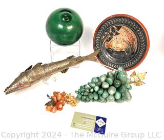 Stone Grapes, Articulated Fish, Japanese Net Float and Pottery Plate.