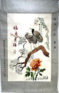 Chinese Crane Blossom Hand Embroidered Silk Scroll 