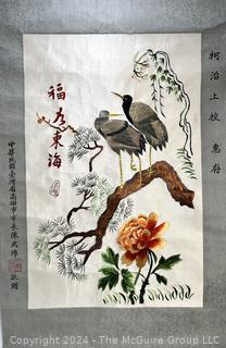 Chinese Crane Blossom Hand Embroidered Silk Scroll 