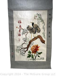 Chinese Crane Blossom Hand Embroidered Silk Scroll 