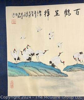 Chinese Watercolor on Silk Scroll Painting of Cranes at Sunset. 20" x 79".