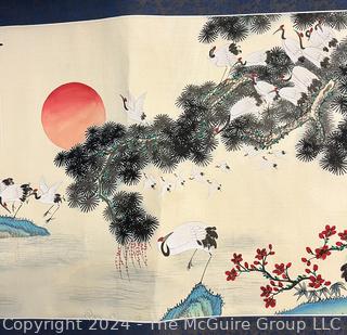 Chinese Watercolor on Silk Scroll Painting of Cranes at Sunset. 20" x 79".