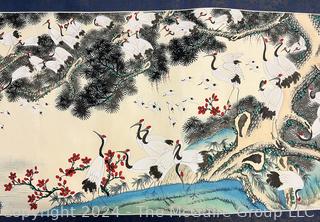 Chinese Watercolor on Silk Scroll Painting of Cranes at Sunset. 20" x 79".