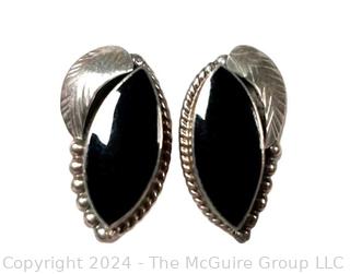 Sterling Silver Onyx Feather Earrings Signed by Artist 