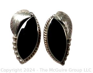 Sterling Silver Onyx Feather Earrings Signed by Artist 