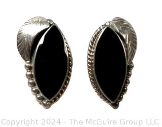 Sterling Silver Onyx Feather Earrings Signed by Artist 