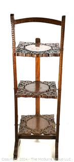 Three (3) Tier Carved Teak Folding Tea Stand, Made in India 