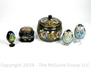 Group of Russian Lacquer Folk Art Painted Eggs and Trinket Box