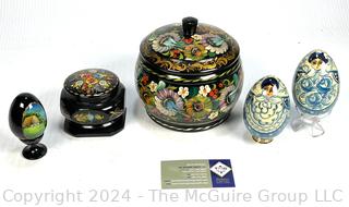 Group of Russian Lacquer Folk Art Painted Eggs and Trinket Box