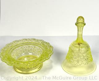 Two (2) Pieces Fenton Uranium Vaseline Glassware Including Dish and Hand Bell.