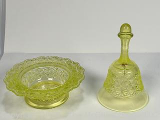 Two (2) Pieces Fenton Uranium Vaseline Glassware Including Dish and Hand Bell.