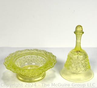 Two (2) Pieces Fenton Uranium Vaseline Glassware Including Dish and Hand Bell.