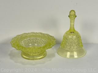 Two (2) Pieces Fenton Uranium Vaseline Glassware Including Dish and Hand Bell.