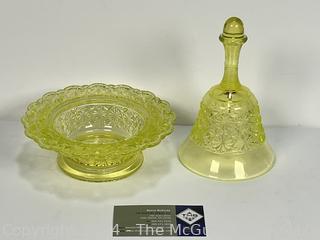 Two (2) Pieces Fenton Uranium Vaseline Glassware Including Dish and Hand Bell.