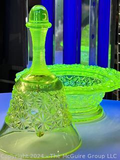 Two (2) Pieces Fenton Uranium Vaseline Glassware Including Dish and Hand Bell.