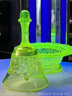 Two (2) Pieces Fenton Uranium Vaseline Glassware Including Dish and Hand Bell.