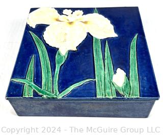 Art Nouveau Iris Etched and Painted Ceramic Tile Box. Some Separation on Corners. 